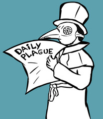 Plague doctor with a mask and hat reading a newspaper. Black and white vector illustration.