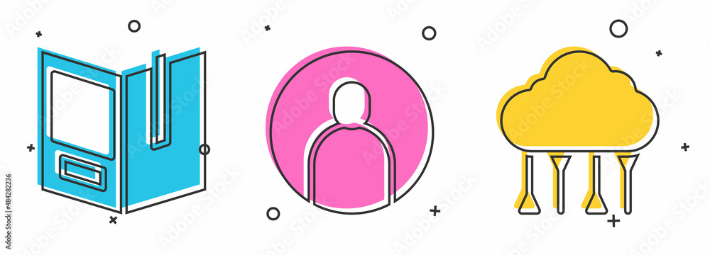 Poster set open book, create account screen and network cloud connection icon. vector