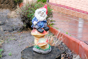 Funny Cute miniature garden gnome ornament figurine standing among different bushes on grass lawn near private residential house cottage during a rainy spring autumn day