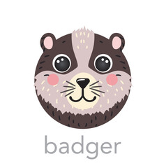 Badger Cute portrait with name text smile head cartoon round shape animal face, isolated avatar vector icon illustrations on white background. Flat mascot simple for kids poster, t-shirts, baby