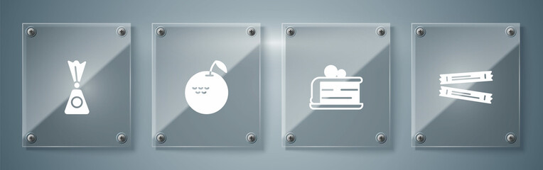 Set Sugar stick packets, Piece of cake, Apple and Candy. Square glass panels. Vector