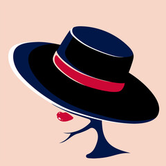 Young woman in the hat and with bright lips. Vector illustration for poster, print on clothes. Fashion & Style.