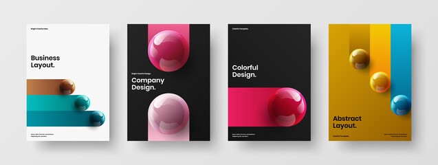 Multicolored realistic spheres banner illustration bundle. Unique catalog cover A4 vector design template set.