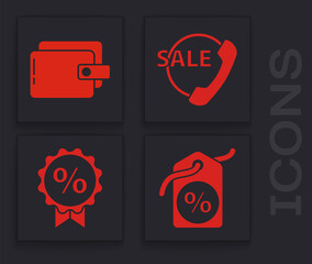 Set Discount percent tag, Wallet, Telephone 24 hours support and Discount percent tag icon. Vector