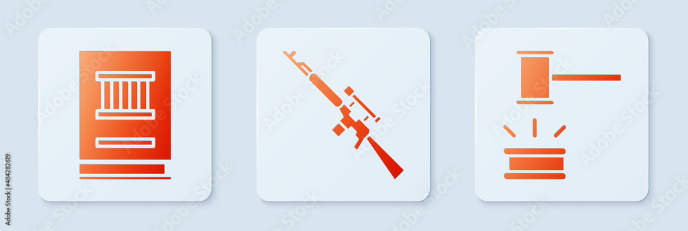 Poster set sniper rifle with scope, law book and judge gavel. white square button. vector