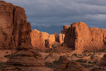 Rock formations in the desert of Utah illuminated at sunset, Arches Natioanl Park