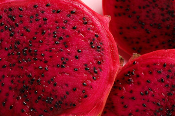 Delicious cut red pitahaya fruit, closeup view