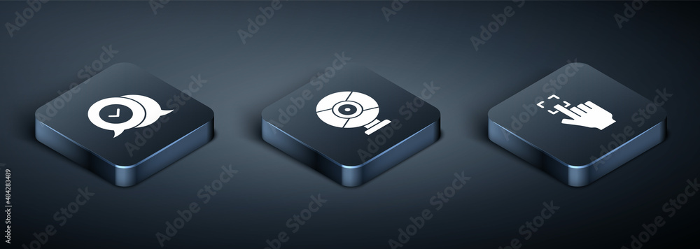 Poster set isometric check mark in speech bubble, fingerprint and security camera icon. vector