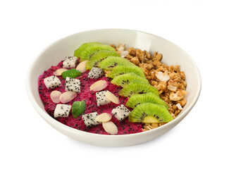 Bowl of granola with pitahaya, kiwi and almonds isolated on white