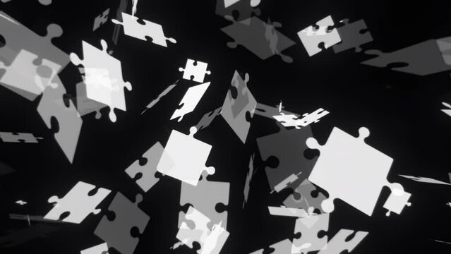Falling black and white puzzle pieces, Jigsaw tiles falling apart, 4k looping background