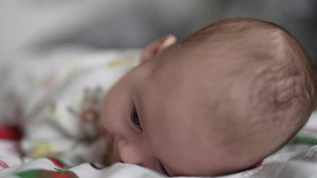 Tiny lovely baby lies down on bed on belly. Little toddler rising his head and trying to keep it up. Close up.