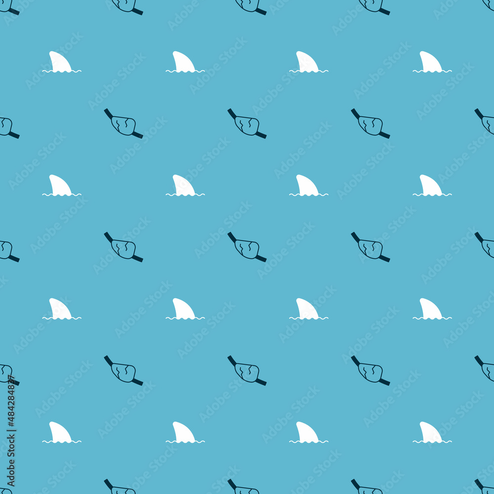 Poster set pirate eye patch and shark fin in ocean wave on seamless pattern. vector