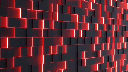 Wall of black blocks illuminated with red lights in perspective background. 3d rendering