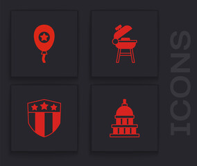 Set White House, Balloons, Barbecue grill and Shield with stars icon. Vector