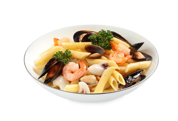 Delicious pasta with sea food isolated on white
