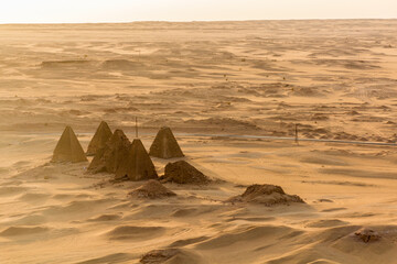 Fototapeta na wymiar Aerial view of Barkal pyramids in the desert near Karima town, Sudan