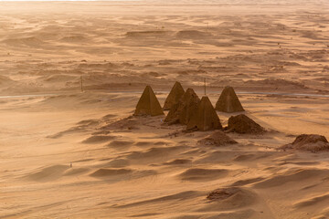 Fototapeta na wymiar Aerial view of Barkal pyramids in the desert near Karima town, Sudan