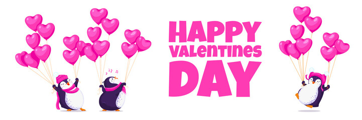 Banner made for Valentine Day with a funny penguins in a cute hats. Cartoon penguin with pink balloons hearts. White background. Vector illustration.