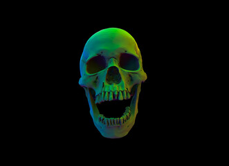 White Human skull on Black Isolated Background. The concept art of death, horror. Design for print, poster. A symbol of spooky Halloween, Virus, immortal, pirate. 3d rendering illustration.