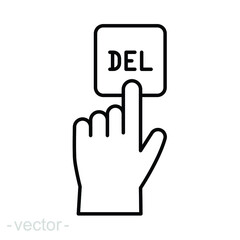Human hand push the keyboard button delete with the index finger icon. Getting help, additional information.Isolated vector on white background. Editable stroke EPS 10