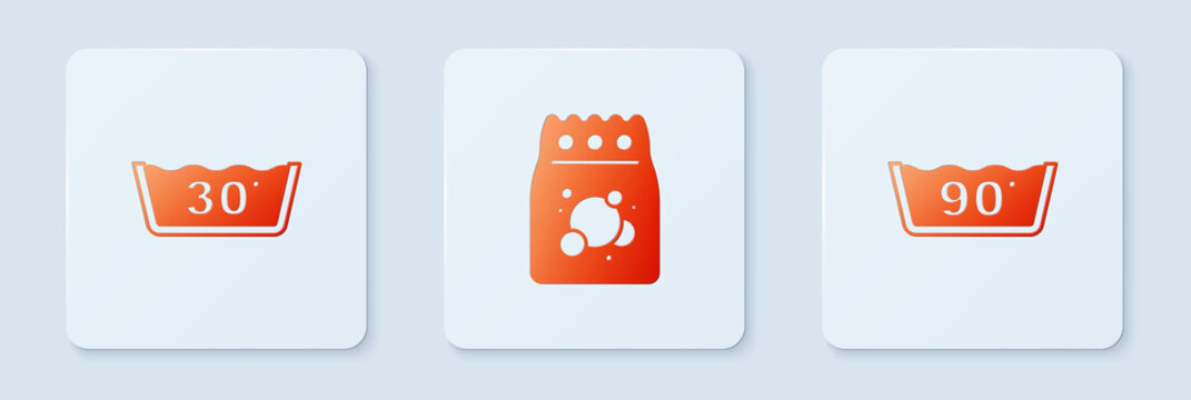 Set Laundry detergent, Temperature wash and . White square button. Vector