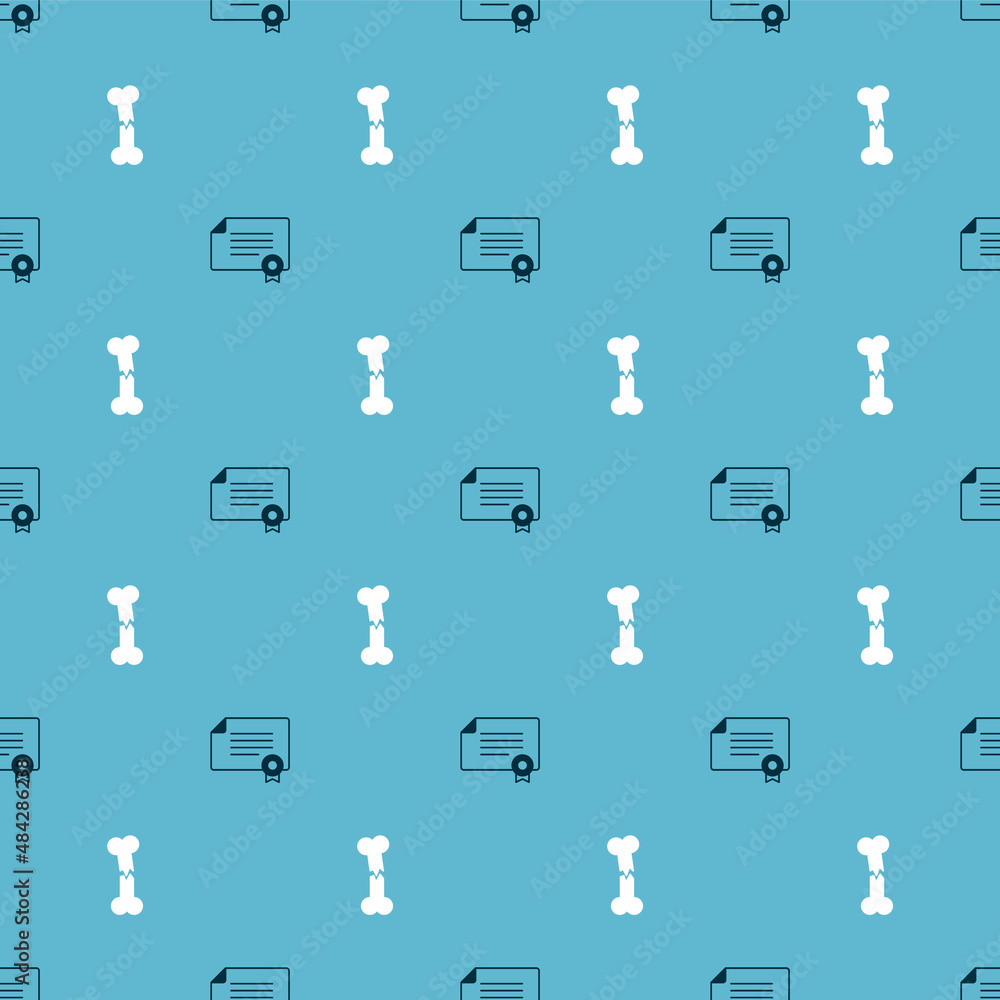 Poster set certificate template and human broken bone on seamless pattern. vector