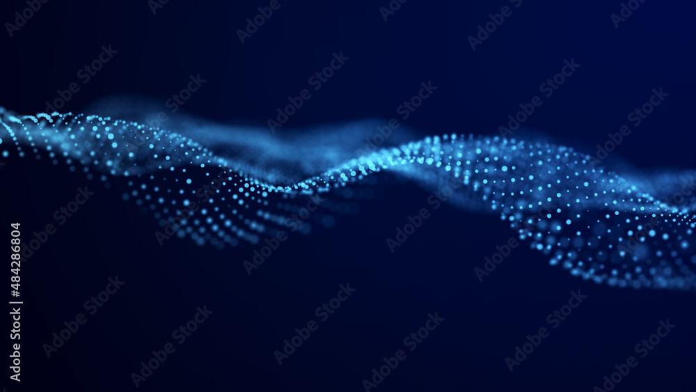 Poster Digital technology. Futuristic background of glowing particles in motion. Large amount of data. 3D rendering.