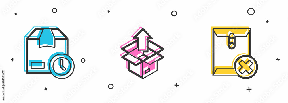 Poster set cardboard box with clock, unboxing and delete envelope icon. vector