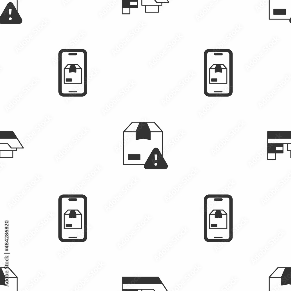 Poster set cargo ship with boxes delivery, delivery security shield and mobile app tracking on seamless pat