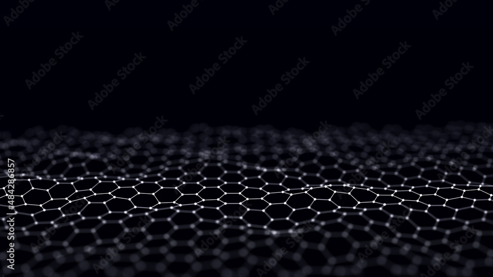 Poster Digital technology. Futuristic background of glowing particles in motion. Large amount of data. 3D rendering.