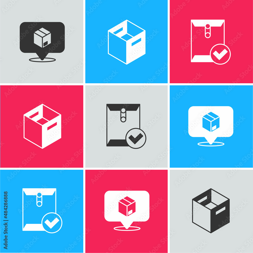Poster set location with cardboard box, carton and envelope and check mark icon. vector