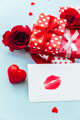 Romantic Valentines day composition. Red roses, gift box, Love and dating concept. Valentines day greeting card