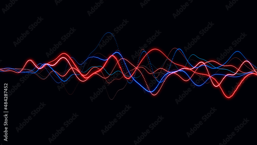 Poster Abstract smooth colorful dynamic music wave with dots. Audio digital equalizer technology. Glowing electric waves on dark background. 3d rendering