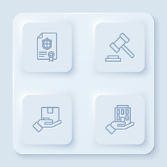 Set line Contract with shield, Judge gavel, Delivery insurance and House hand. White square button. Vector