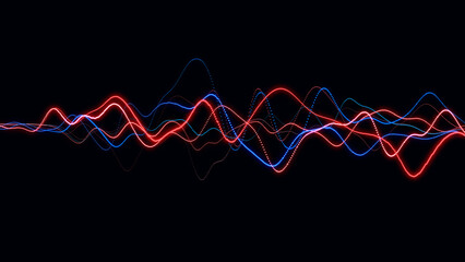 Abstract smooth colorful dynamic music wave with dots. Audio digital equalizer technology. Glowing electric waves on dark background. 3d rendering