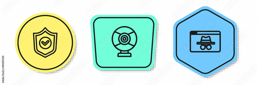 Poster set line shield with check mark, security camera and browser incognito window. colored shapes. vecto