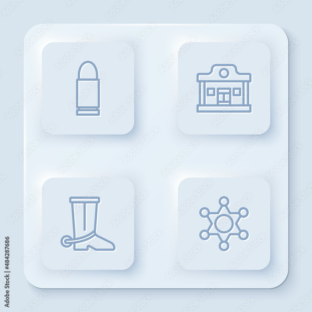 Poster set line bullet, wild west saloon, cowboy boot and hexagram sheriff. white square button. vector