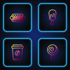Set line Lollipop, Coffee cup to go, Hotdog sandwich and Chicken leg. Gradient color icons. Vector