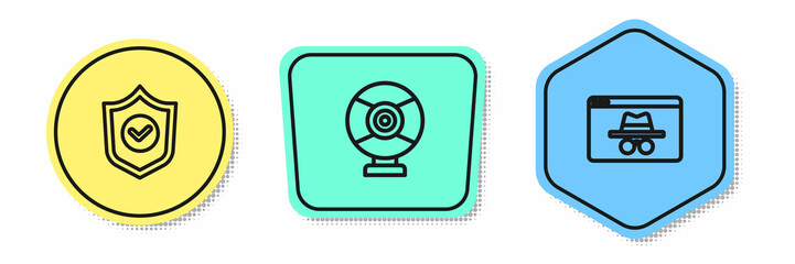 Set line Shield with check mark, Security camera and Browser incognito window. Colored shapes. Vector