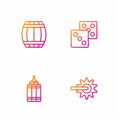 Naklejka premium Set line Spur, Dynamite bomb, Gun powder barrel and Game dice. Gradient color icons. Vector