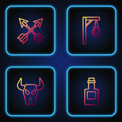 Set line Tequila bottle, Buffalo skull, Crossed arrows and Gallows. Gradient color icons. Vector