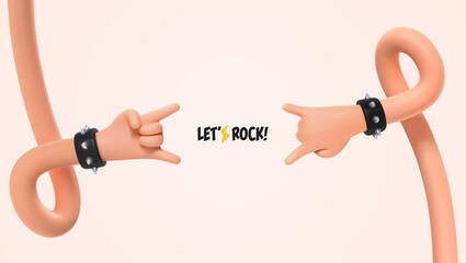 Rock stars music vector illustration. 3d cartoon ui hero hands Sign of the. Rock festival music banner template two hands gesture heavy metal isolated arms.