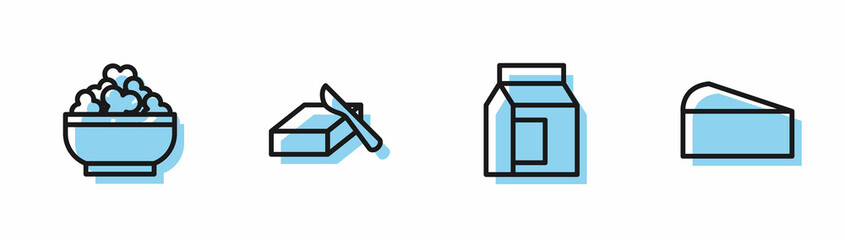 Set line Paper package for milk, Cottage cheese, Butter in butter dish and Cheese icon. Vector