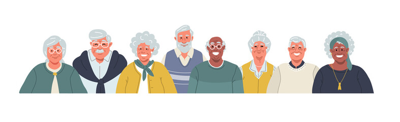 Group of old people with different nationalities.Vector flat illustration