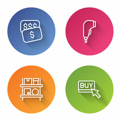 Set line New price tag dollar, Scanner scanning bar code, Warehouse interior with boxes and Buy button. Color circle button. Vector