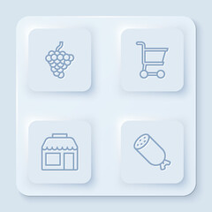 Set line Grape fruit, Shopping cart, Market store and Salami sausage. White square button. Vector