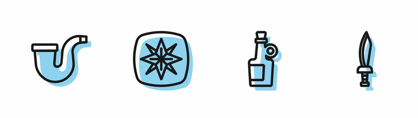 Set line Alcohol drink Rum, Smoking pipe, Wind rose and Pirate sword icon. Vector