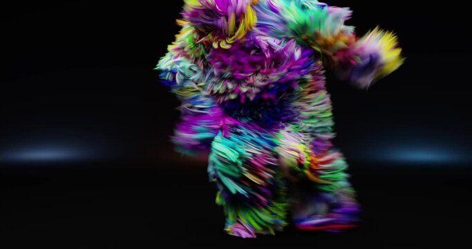 3d animation of a furry colorful monster dancing on a dance floor