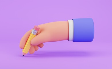 3D illustration, Hand hold a yellow pencil