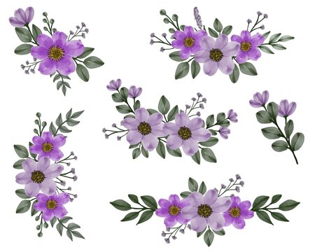 arrangement of watercolor floral frame bouquets of purple flowers vector design for wedding invitation	
